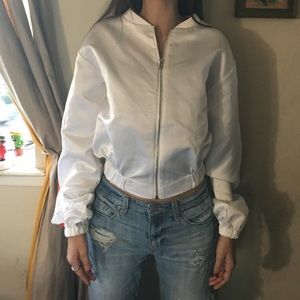 White Satin Bomber Jacket with Red Stripes
